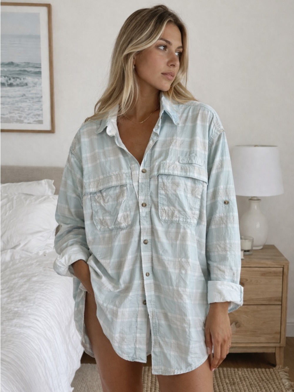 LL Bean Oversized Boat & Beach Coverup Shirt Coastal Plaid Swim Button Down